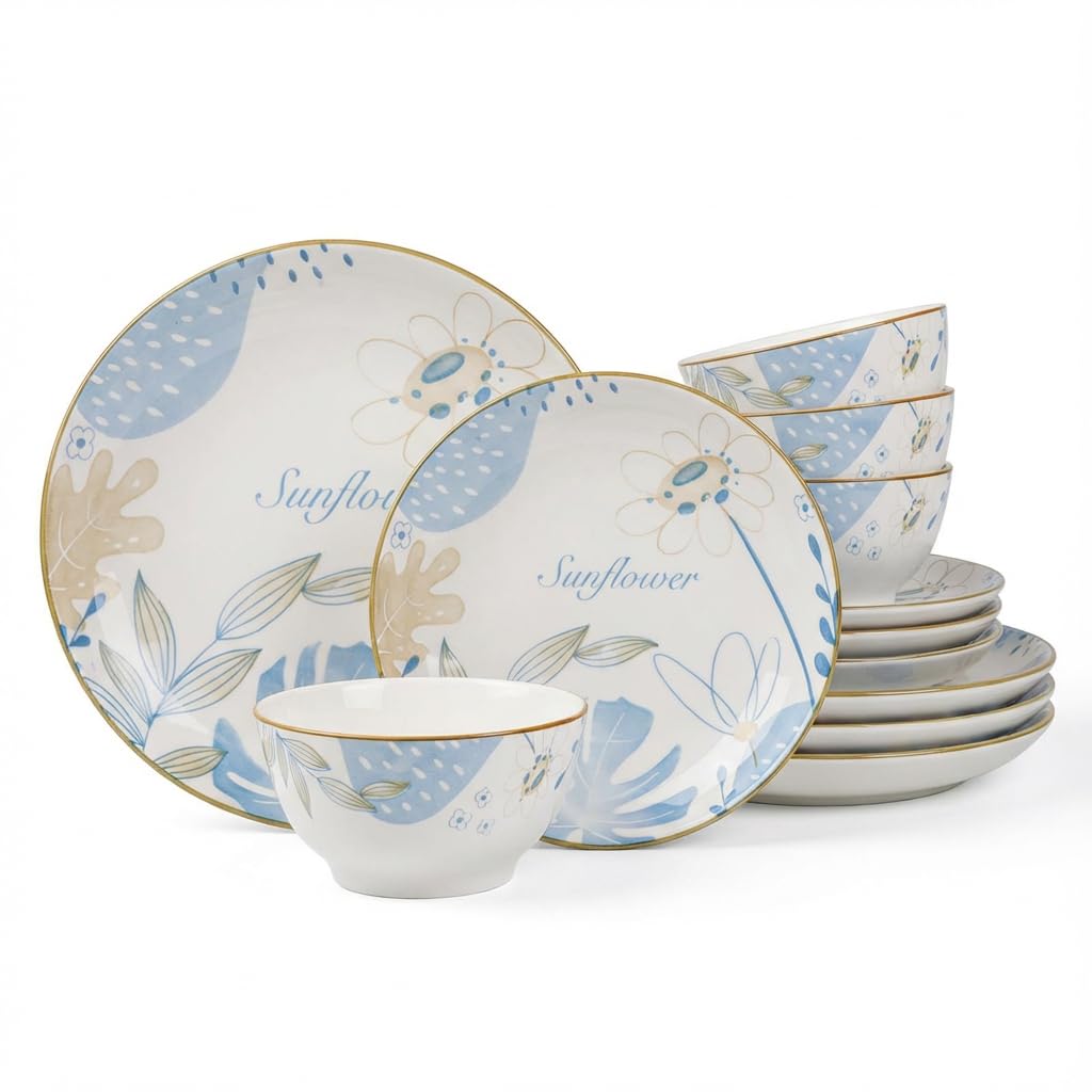 12-Piece Blue Floral Ceramic Dinnerware Set O35539