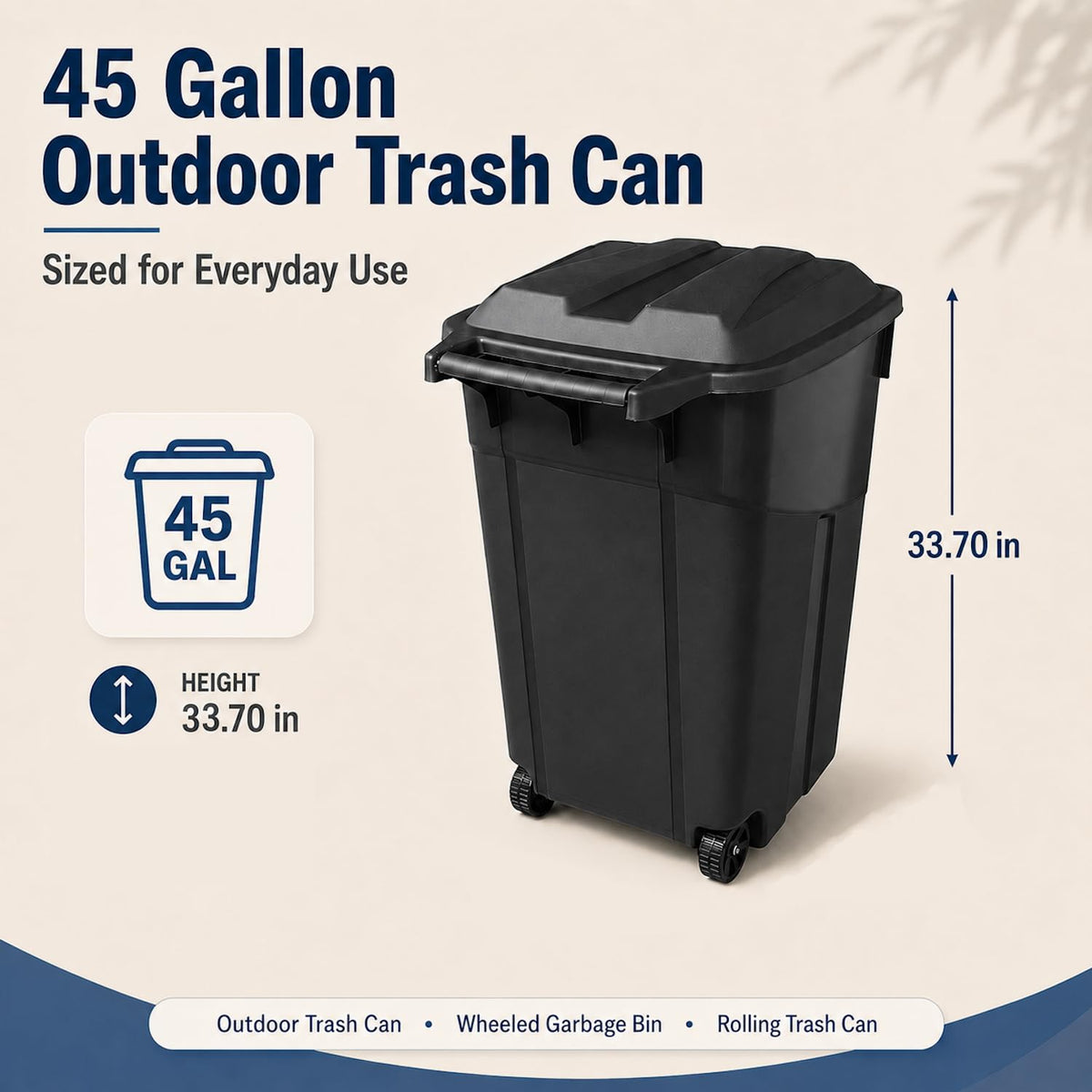 45 Gallon Wheeled Outdoor Trash Can with Lid H8324