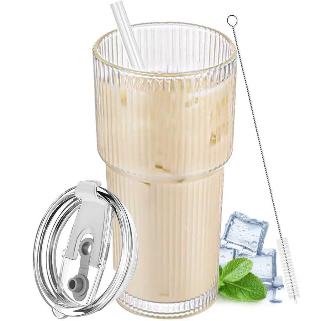 20 oz Clear Ribbed Glass Tumbler with Lid and Straw K2428
