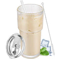 20 oz Clear Ribbed Glass Tumbler with Lid and Straw K2428