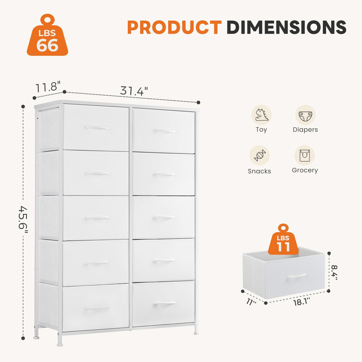 White 10 Drawer Tall Dresser T4774