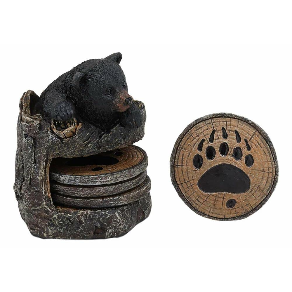Black Bear Cub Tree Trunk Coaster Holder with 4 Coasters Set P307333