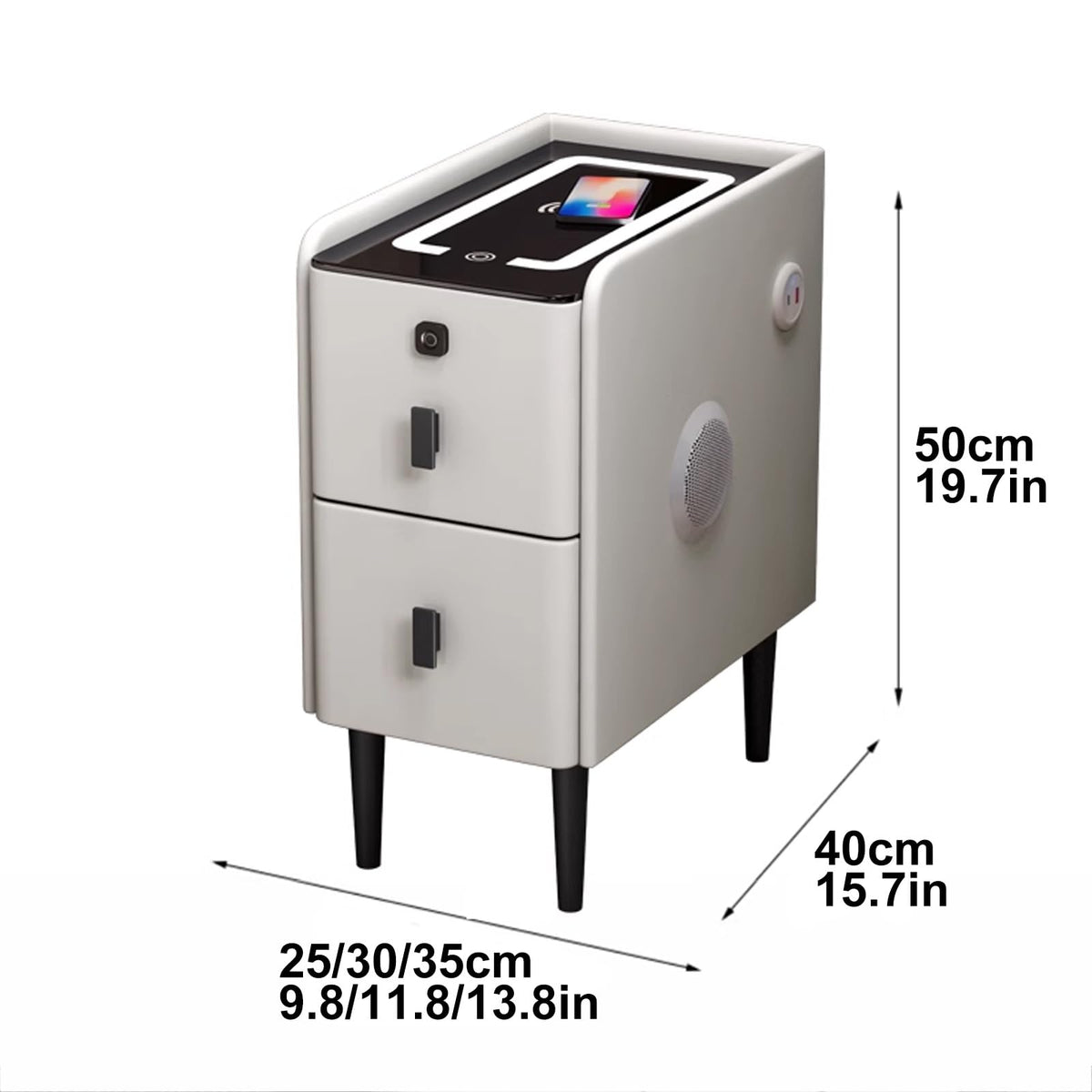 White Smart Nightstand with Fingerprint Lock, Wireless Charging, Speaker, USB Port, 3 LED Lights, 2 Storage Drawers N404063