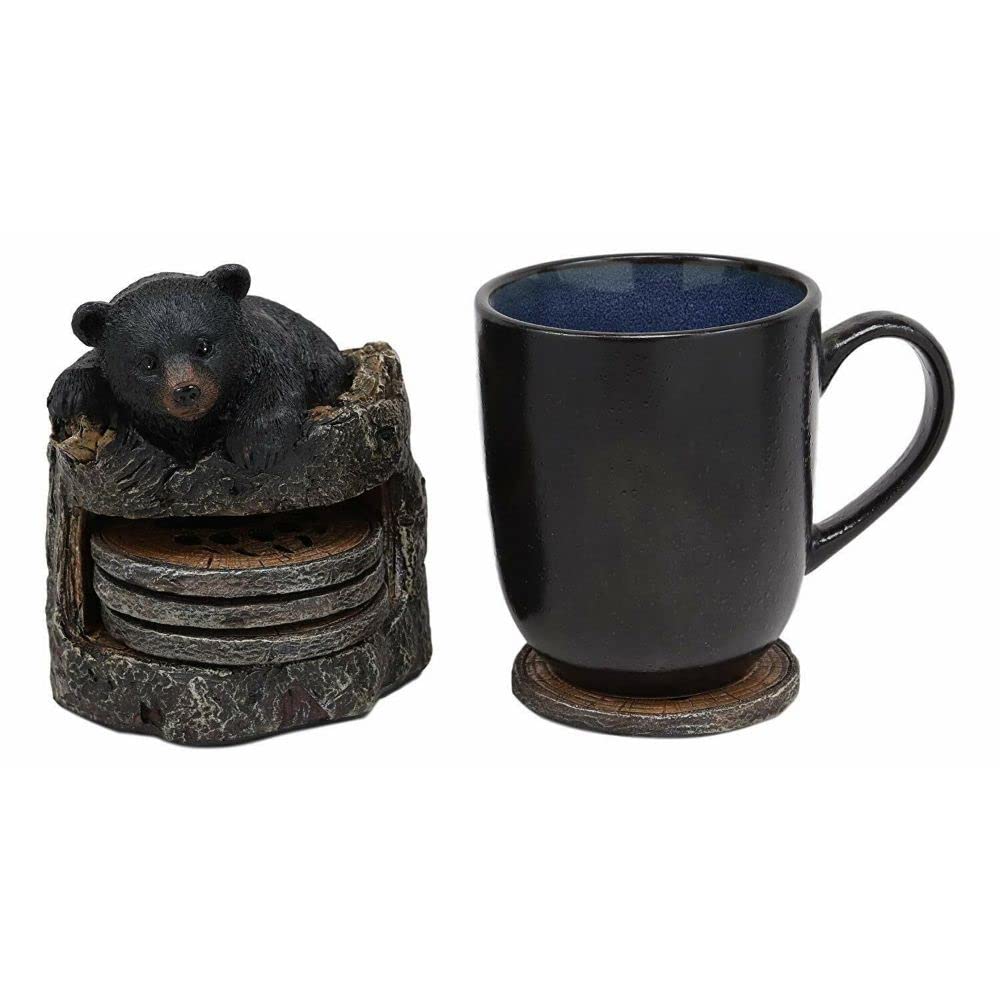 Black Bear Cub Tree Trunk Coaster Holder with 4 Coasters Set P307333