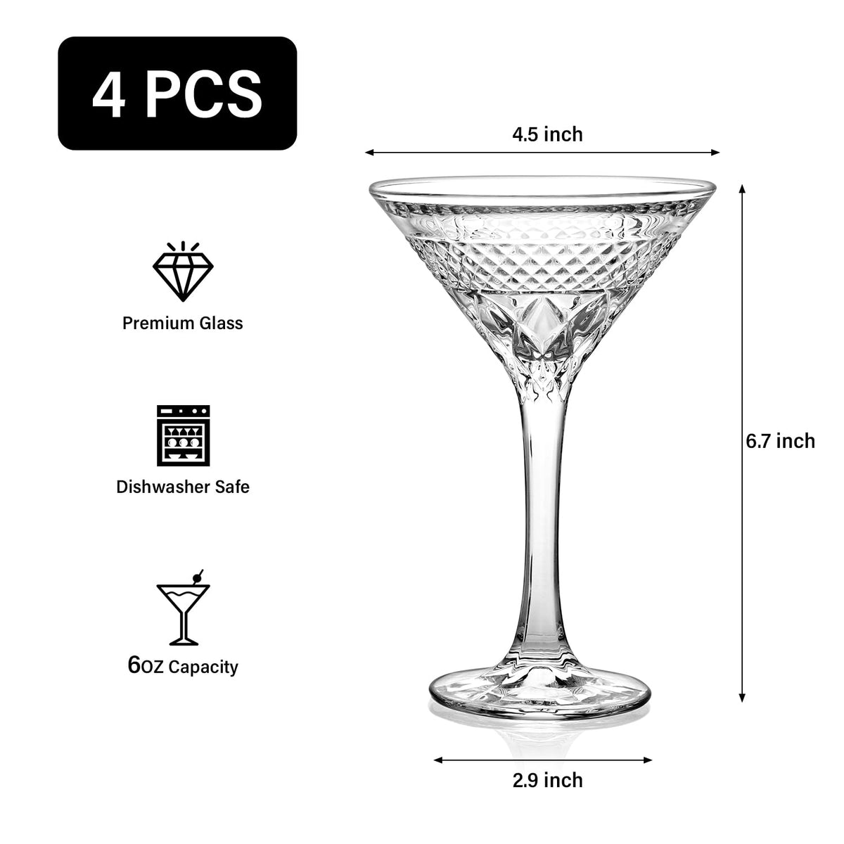 Martini Glasses Set of 4, 6oz Crystal Cocktail Glasses B5348