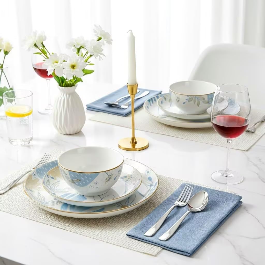 12-Piece Blue Floral Ceramic Dinnerware Set O35539
