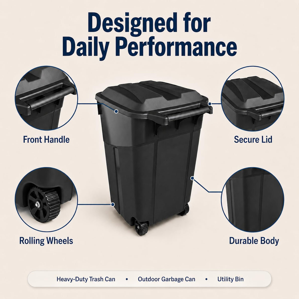 45 Gallon Wheeled Outdoor Trash Can with Lid H8324
