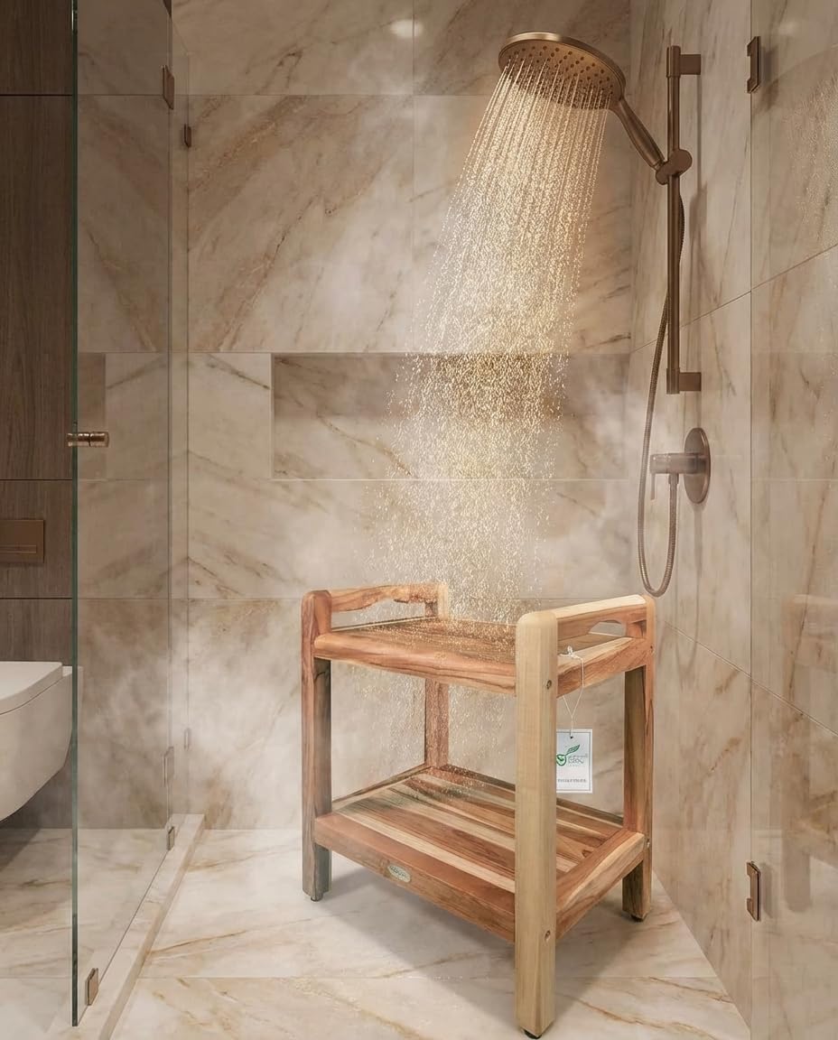 20" Teak Shower Bench with Arms & Storage Shelf C9954