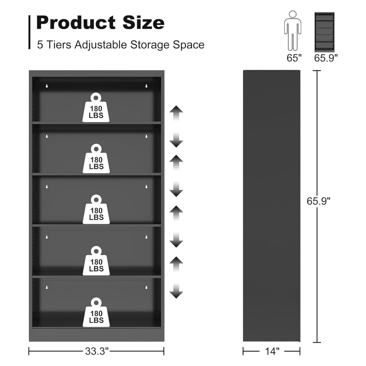 Black 5-Tier Adjustable Metal Bookshelf T84376