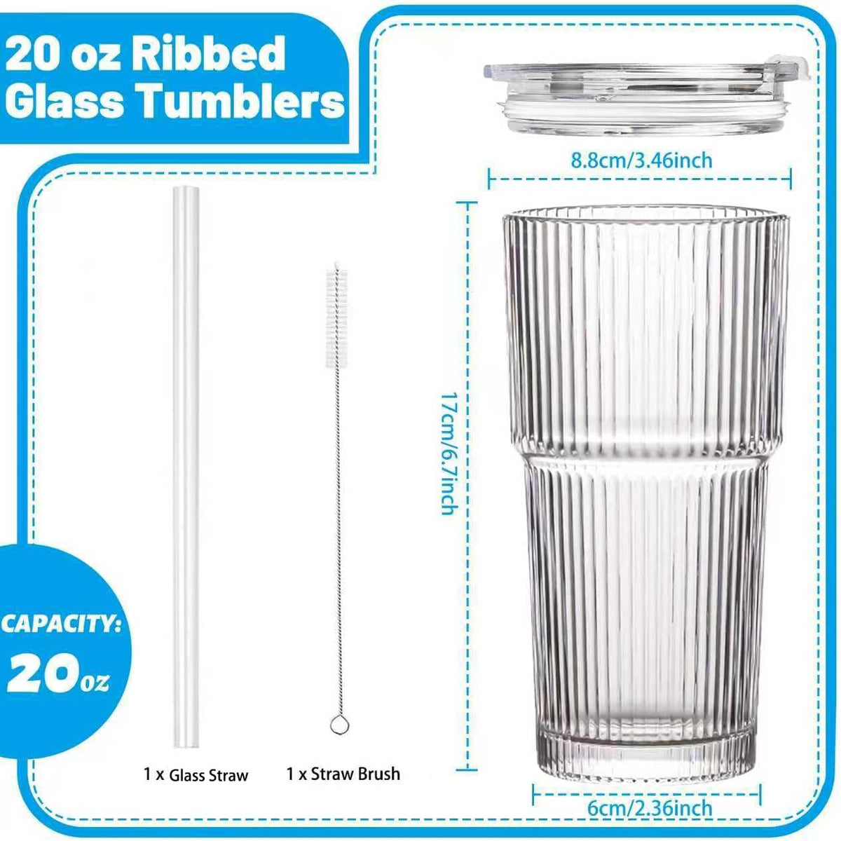 20 oz Clear Ribbed Glass Tumbler with Lid and Straw K2428