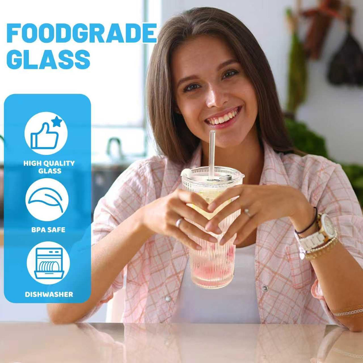20 oz Clear Ribbed Glass Tumbler with Lid and Straw K2428