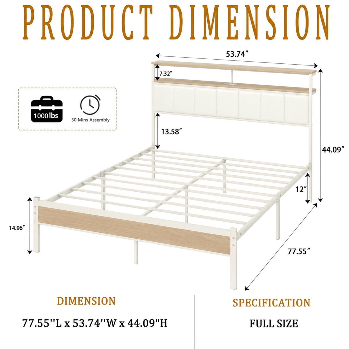White Full Size Upholstered Platform Bed Frame with LED Lights and Storage Shelf C65470