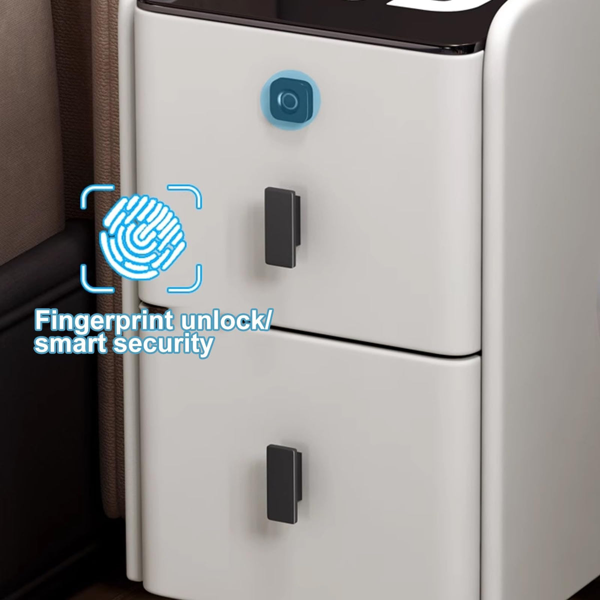 White Smart Nightstand with Fingerprint Lock, Wireless Charging, Speaker, USB Port, 3 LED Lights, 2 Storage Drawers N404063