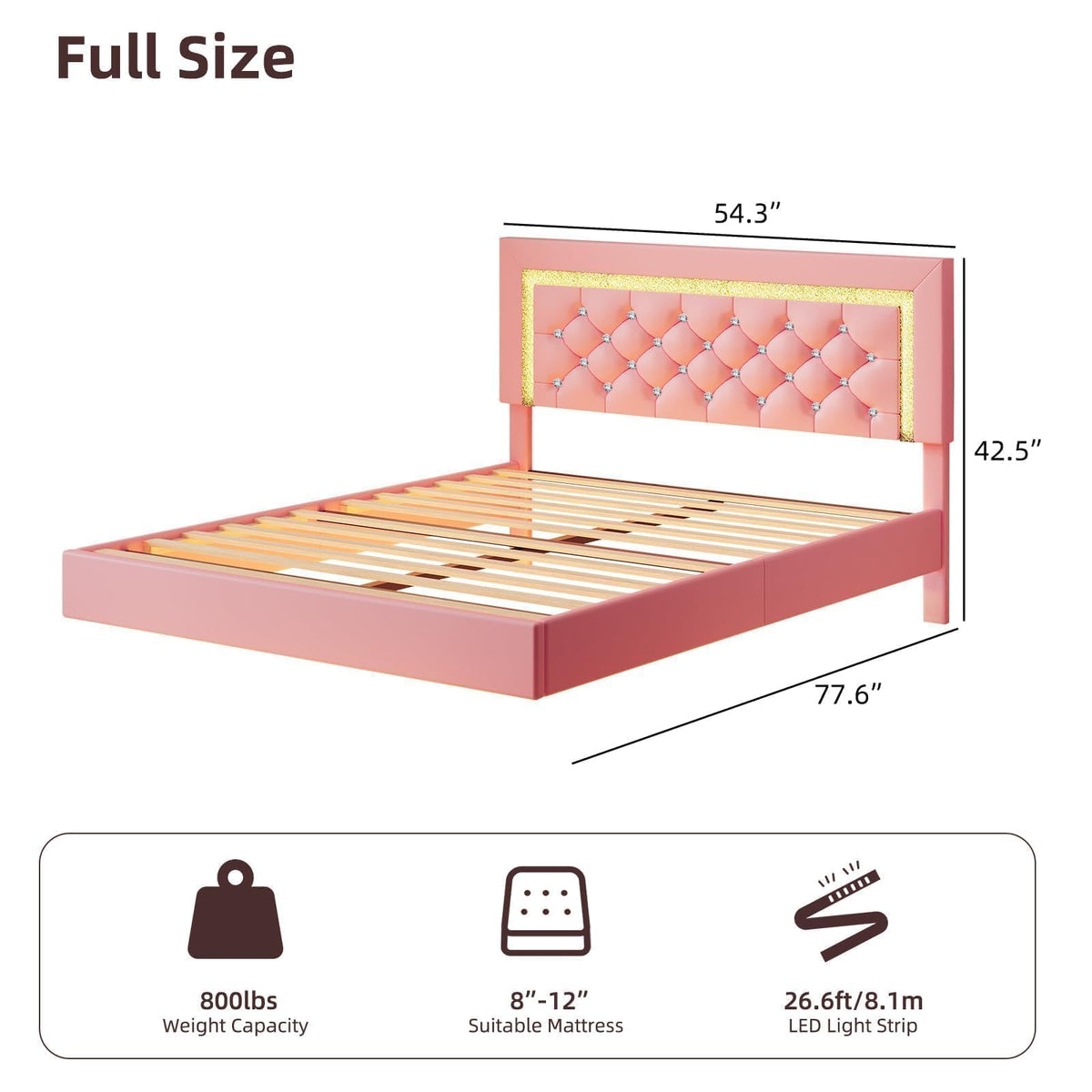 Pink Full Floating Bed Frame with LED Lights and Diamond Headboard S3319