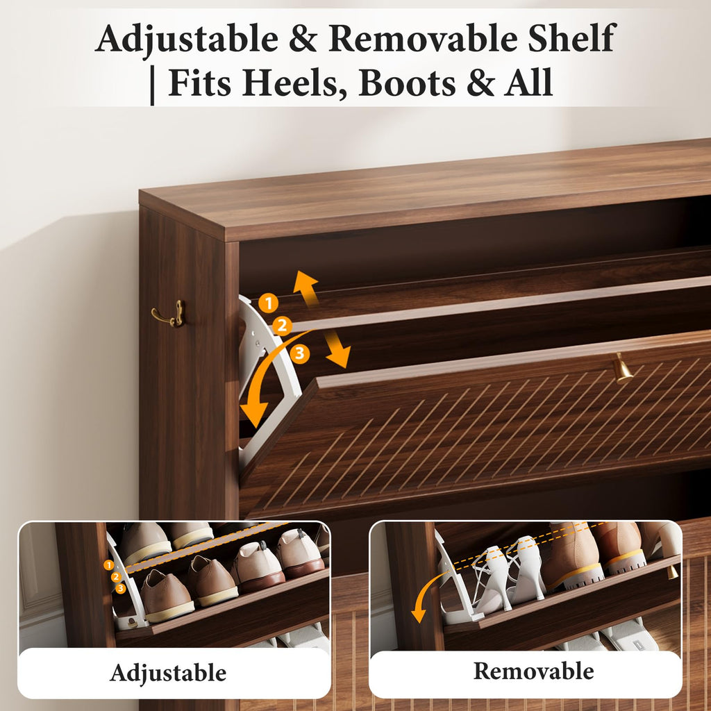 Luminous Walnut Shoe Storage Cabinet with Adjustable Shelves U1477