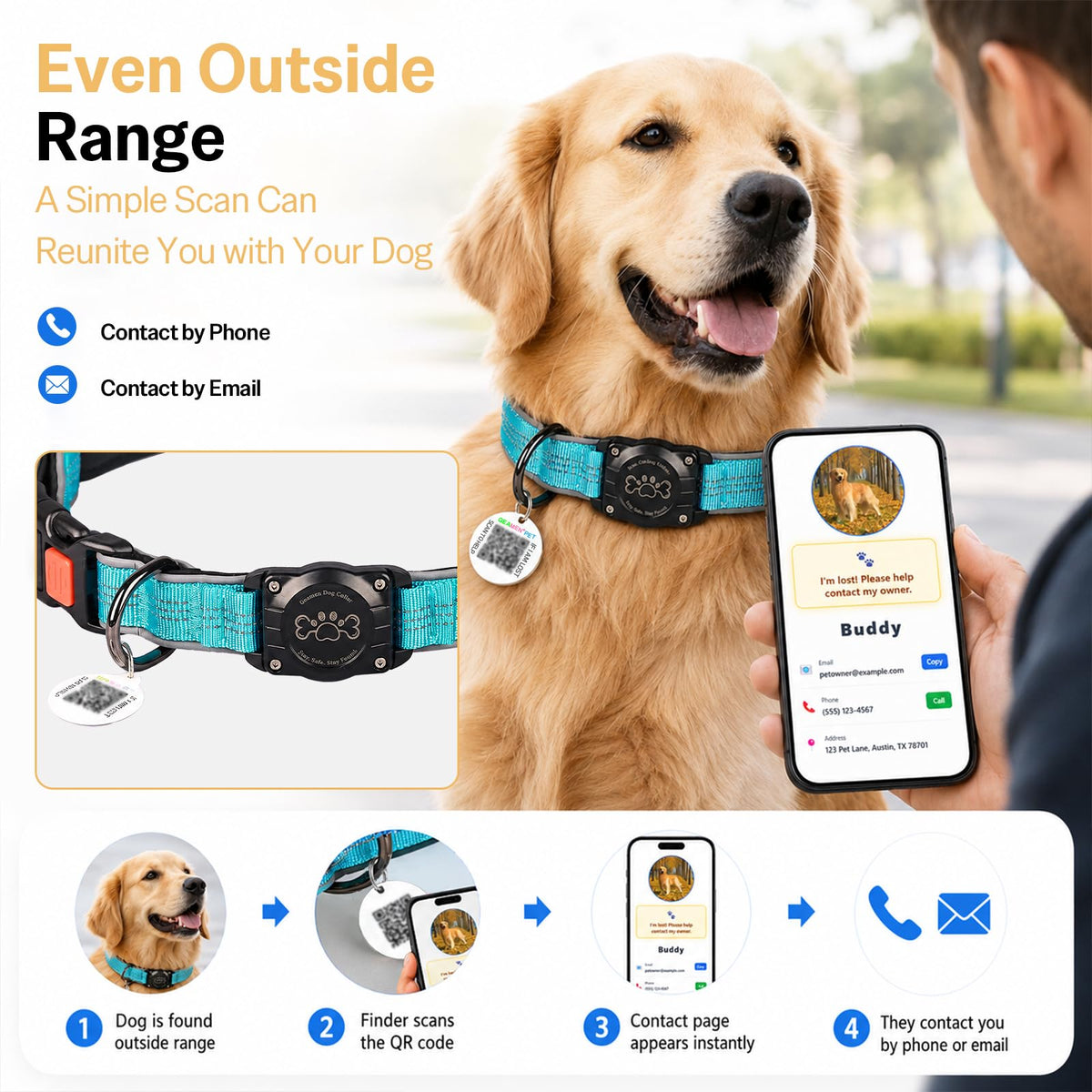 Blue IP68 Waterproof Reflective Dog Collar with AirTag Holder C34349