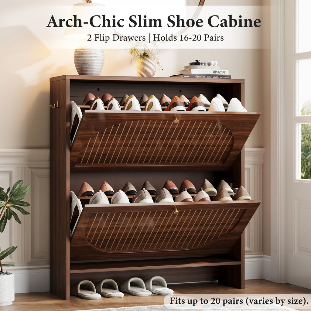 Luminous Walnut Shoe Storage Cabinet with Adjustable Shelves U1477