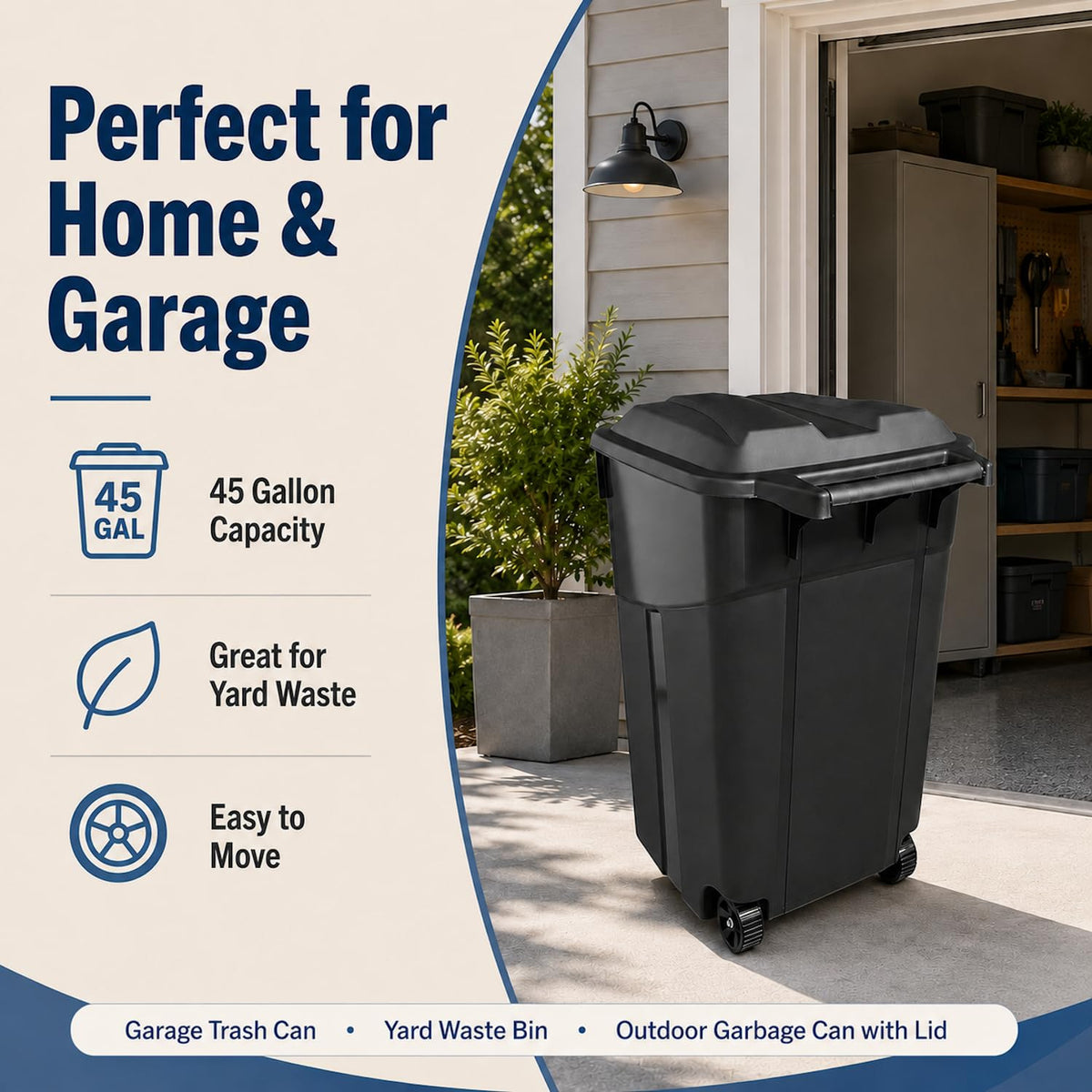 45 Gallon Wheeled Outdoor Trash Can with Lid H8324