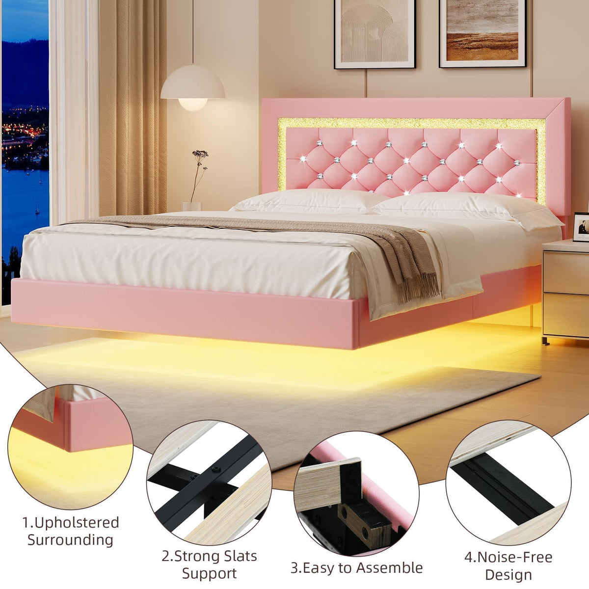 Pink Full Floating Bed Frame with LED Lights and Diamond Headboard S3319