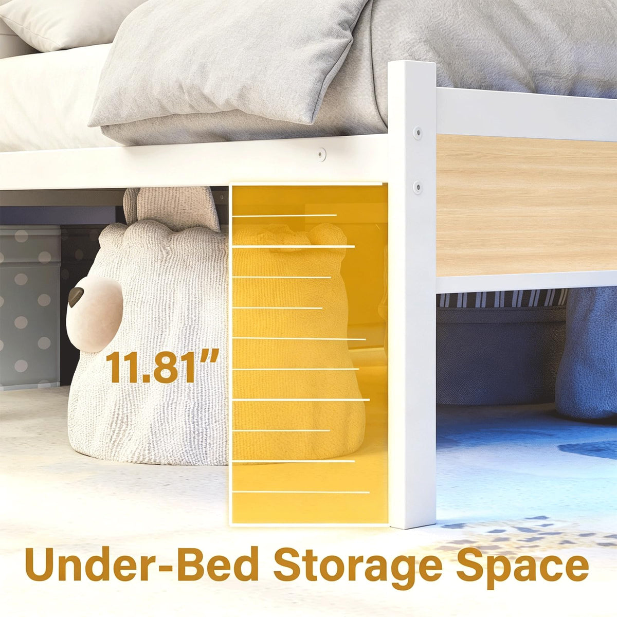 White Full Size Upholstered Platform Bed Frame with LED Lights and Storage Shelf C65470