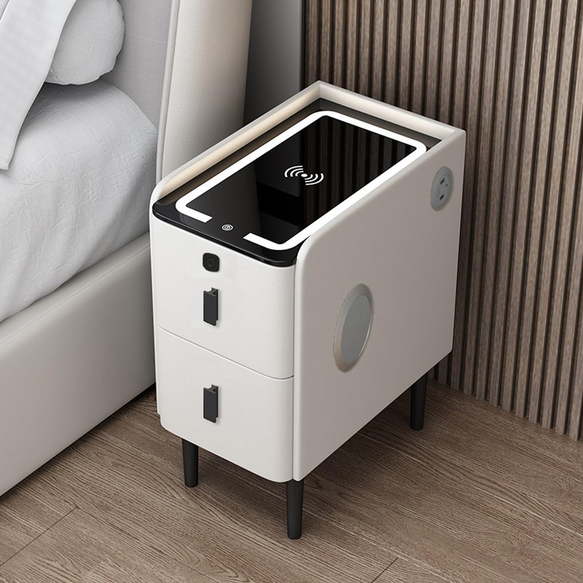 White Smart Nightstand with Fingerprint Lock, Wireless Charging, Speaker, USB Port, 3 LED Lights, 2 Storage Drawers N404063