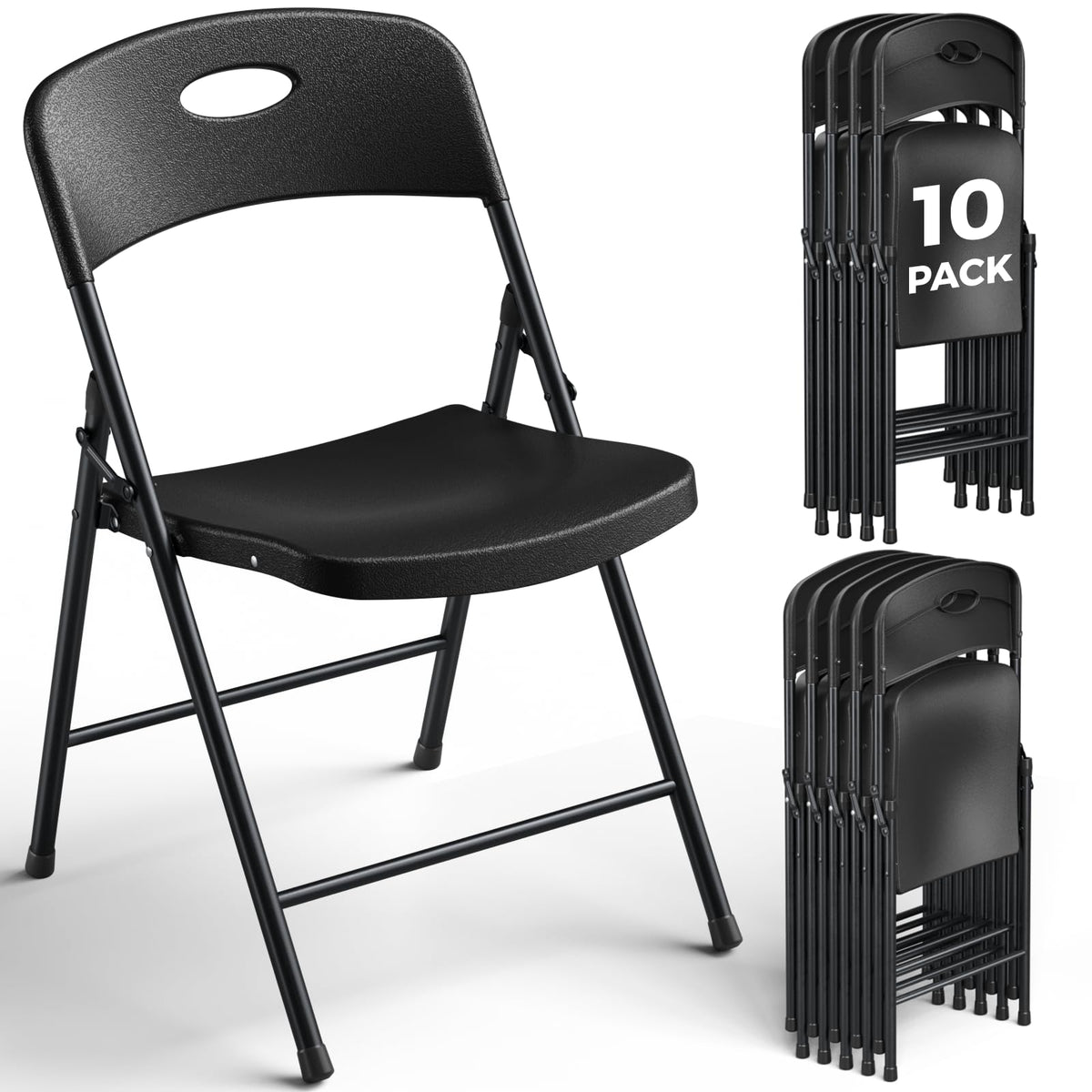 Black 10 Pack Plastic Folding Chair with Steel Frame E7634