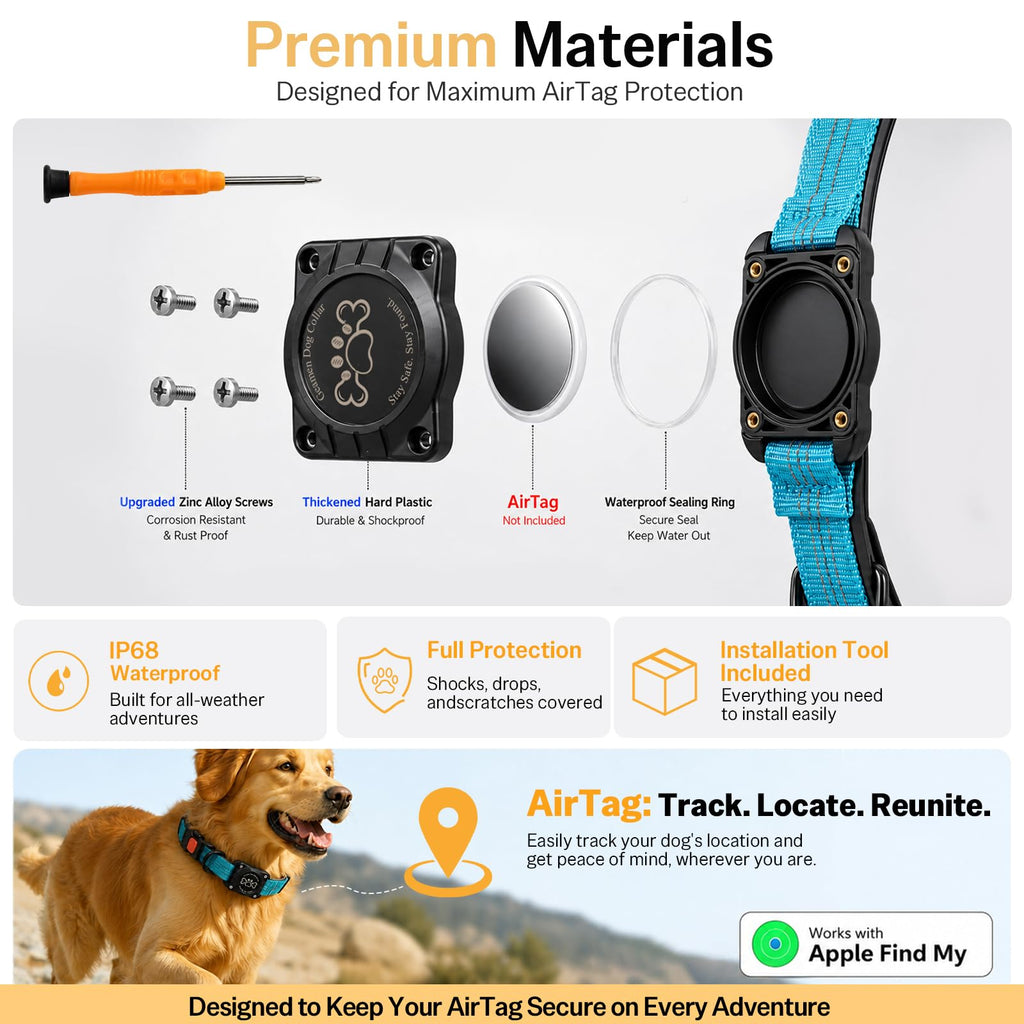 Blue IP68 Waterproof Reflective Dog Collar with AirTag Holder C34349