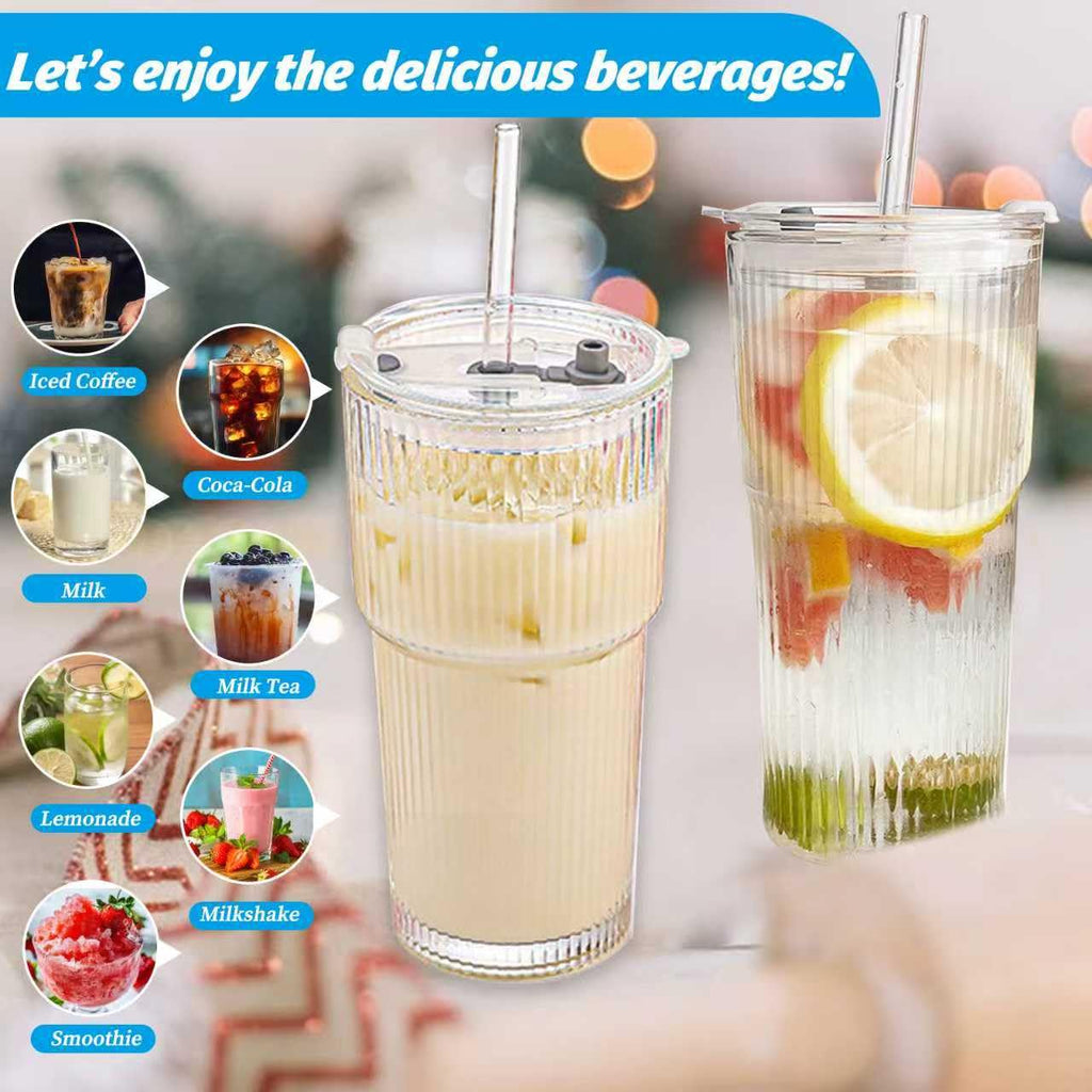 20 oz Clear Ribbed Glass Tumbler with Lid and Straw K2428