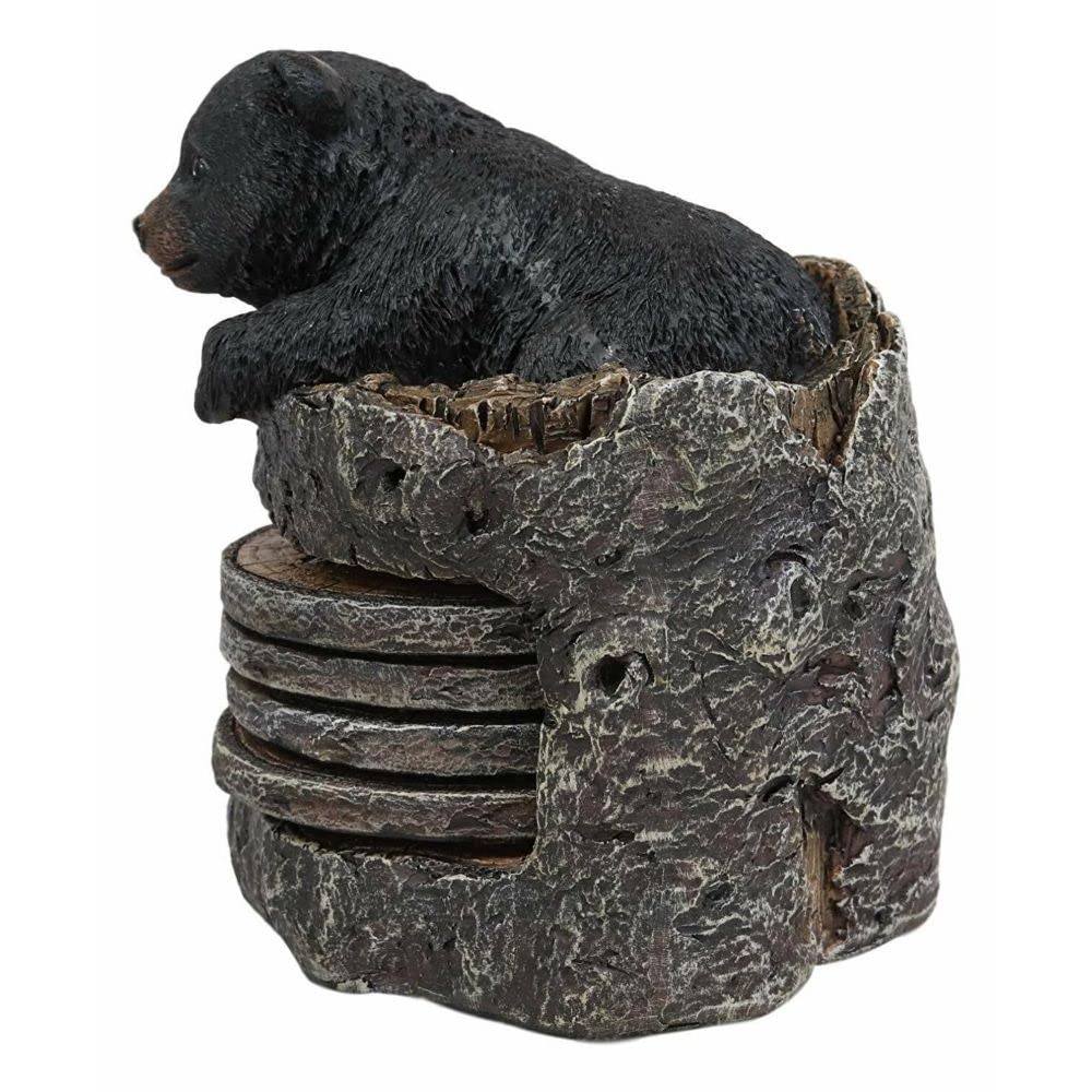 Black Bear Cub Tree Trunk Coaster Holder with 4 Coasters Set P307333