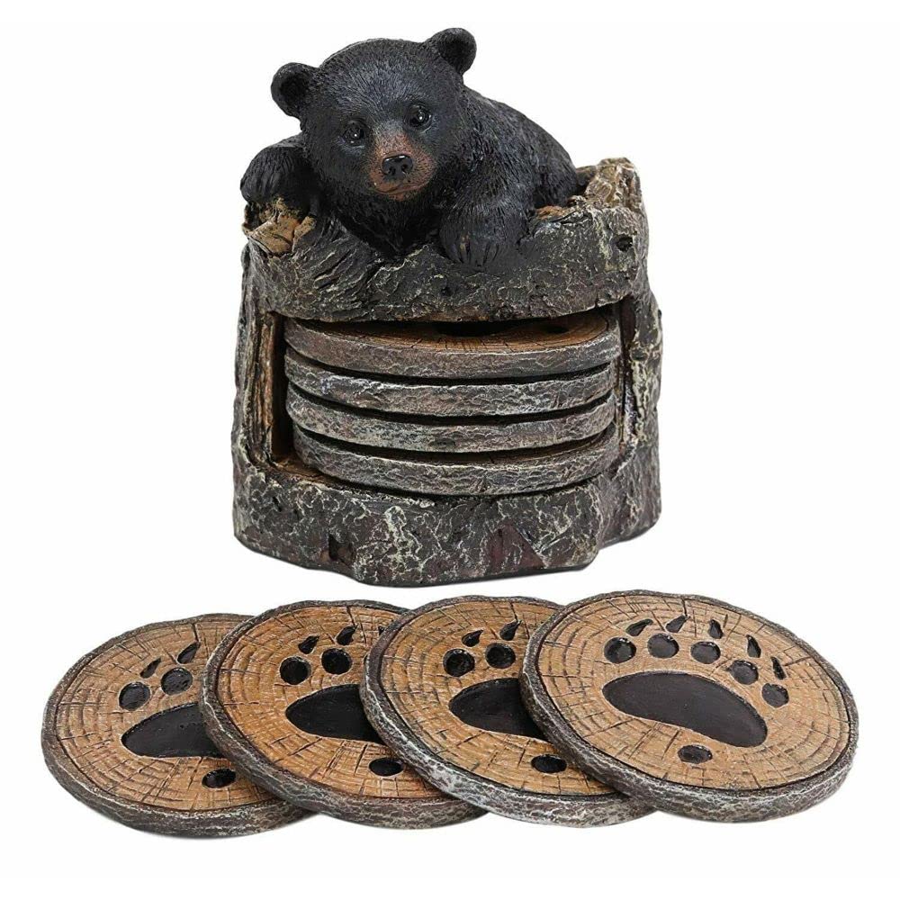 Black Bear Cub Tree Trunk Coaster Holder with 4 Coasters Set P307333
