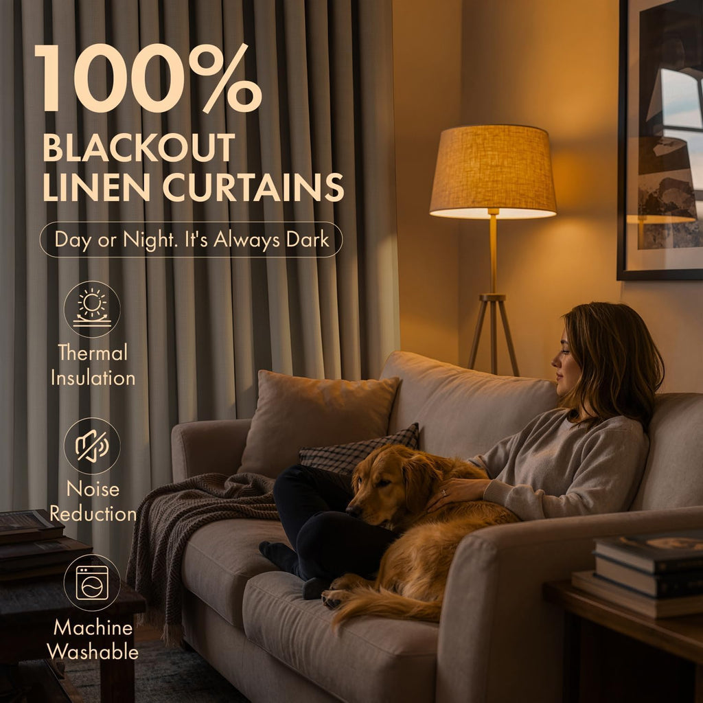 90 Inch Pinch Pleated Blackout Linen Curtains, 2 Panels C74731
