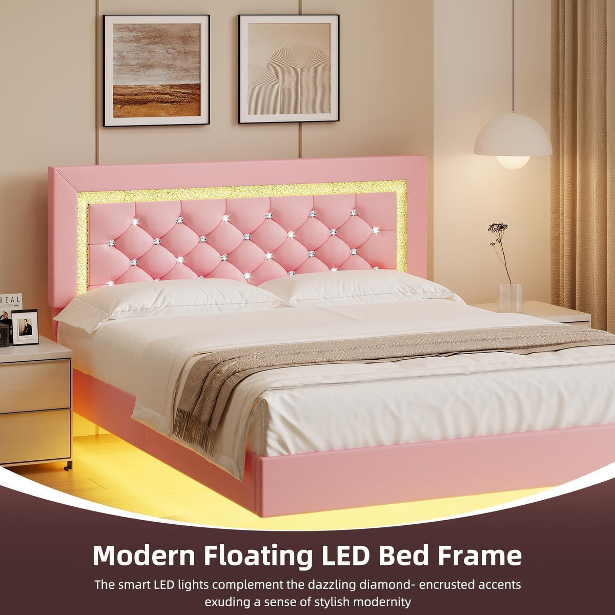 Pink Full Floating Bed Frame with LED Lights and Diamond Headboard S3319