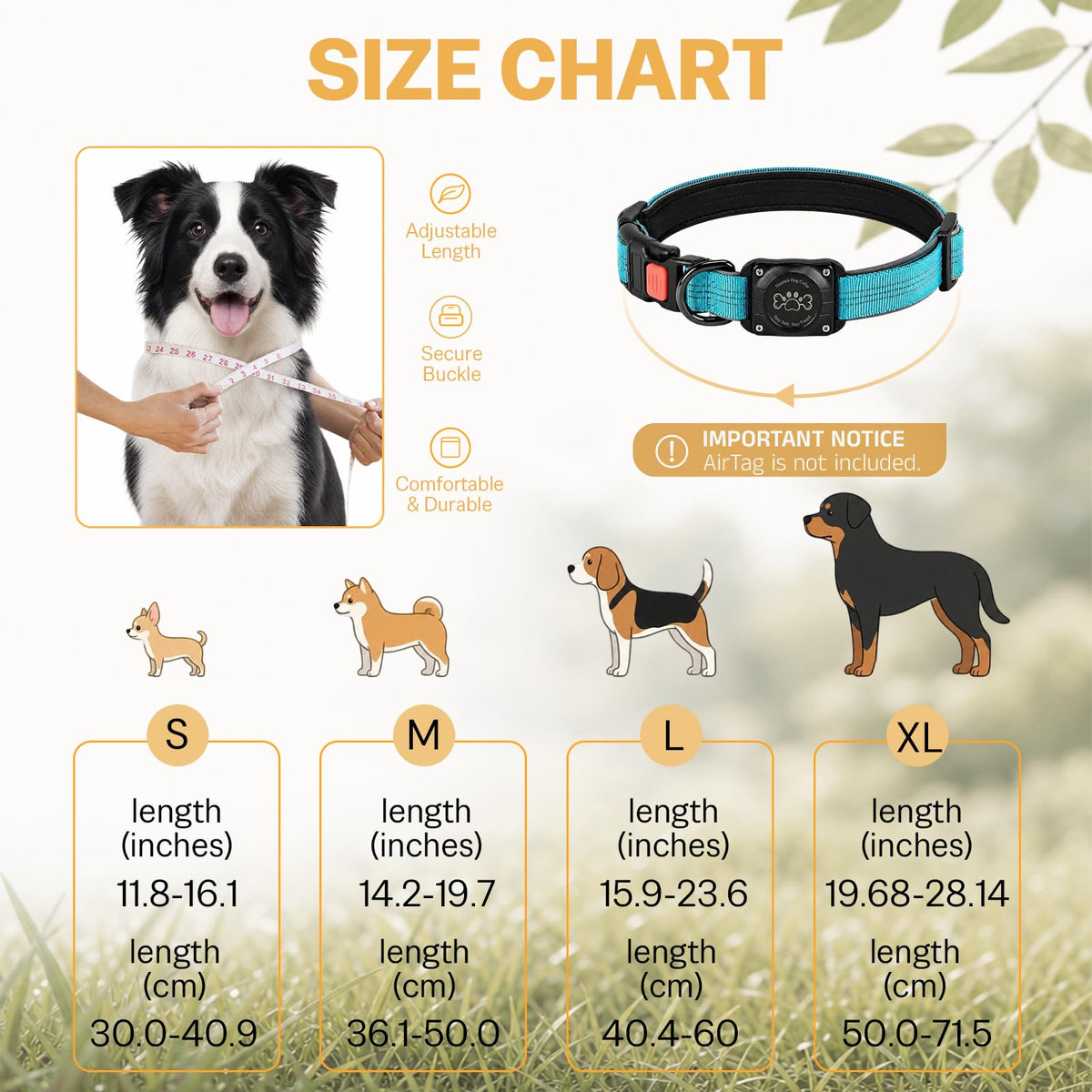 Blue IP68 Waterproof Reflective Dog Collar with AirTag Holder C34349