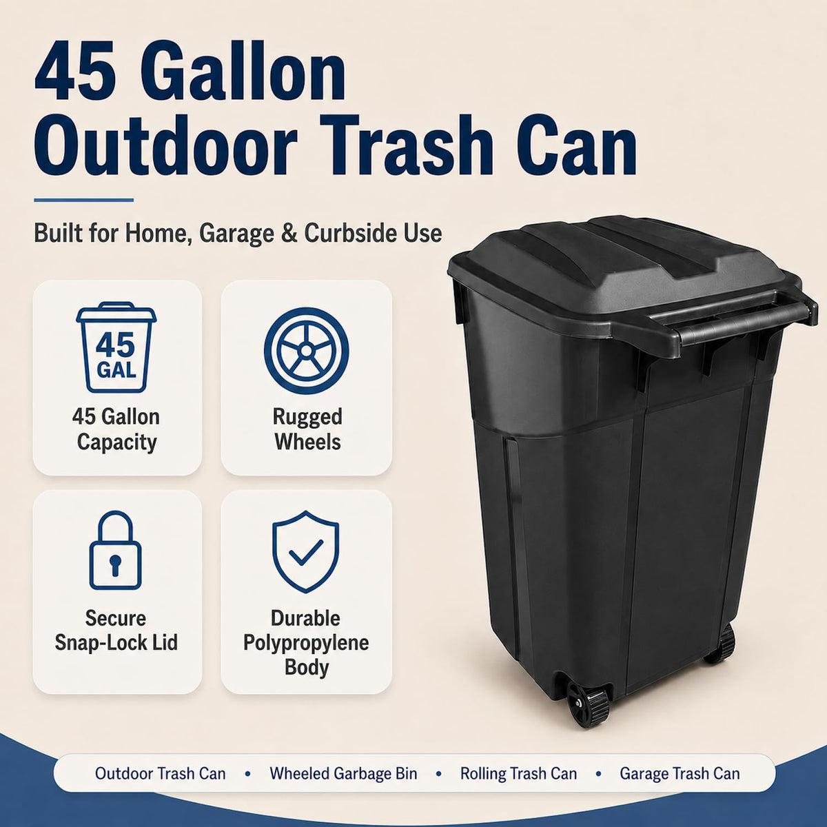 45 Gallon Wheeled Outdoor Trash Can with Lid H8324