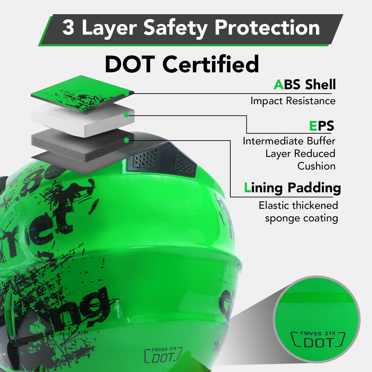 Youth Kids Full Face Dirt Bike Helmet 4Pcs Set DOT Approved Green XL W759