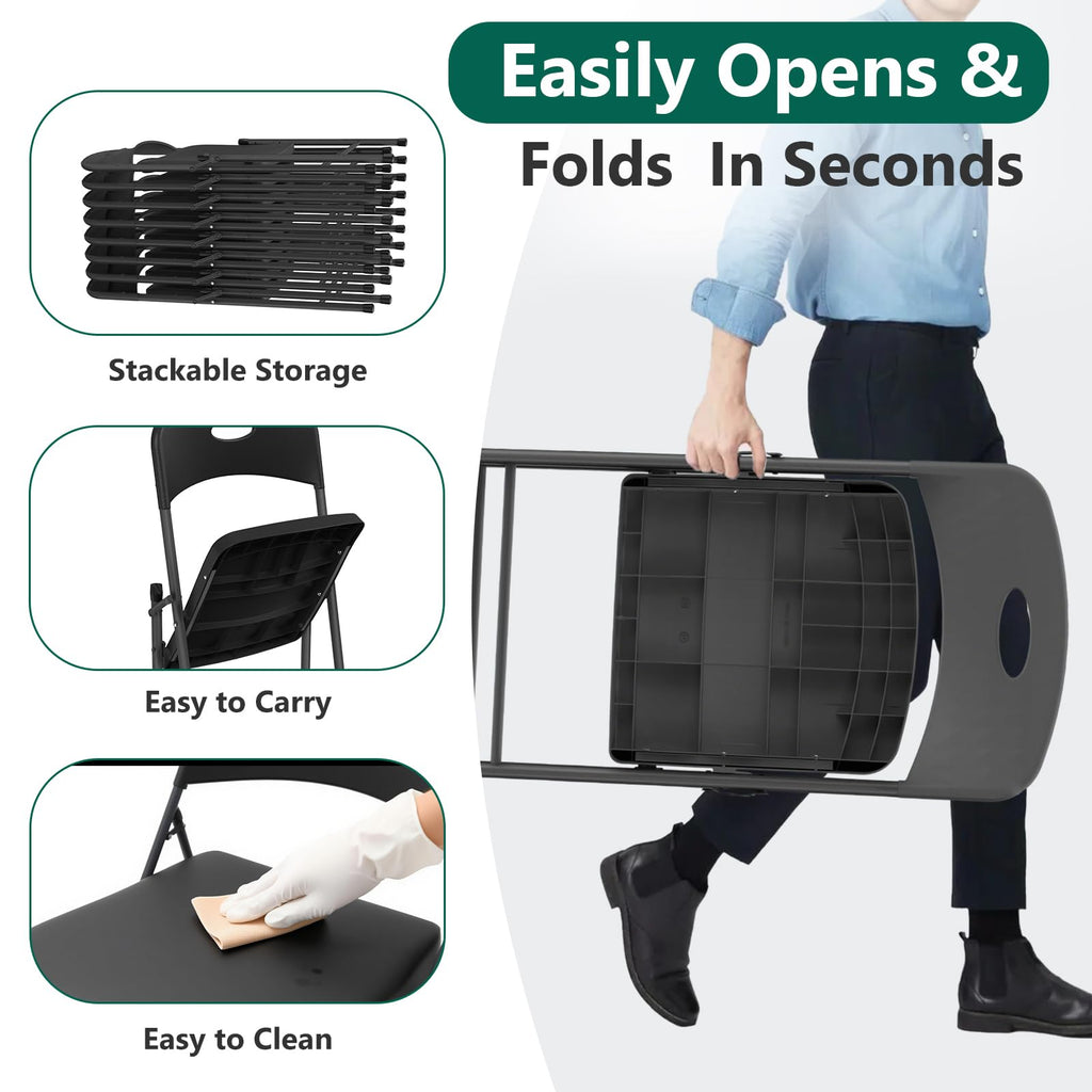 Black 10 Pack Plastic Folding Chair with Steel Frame E7634