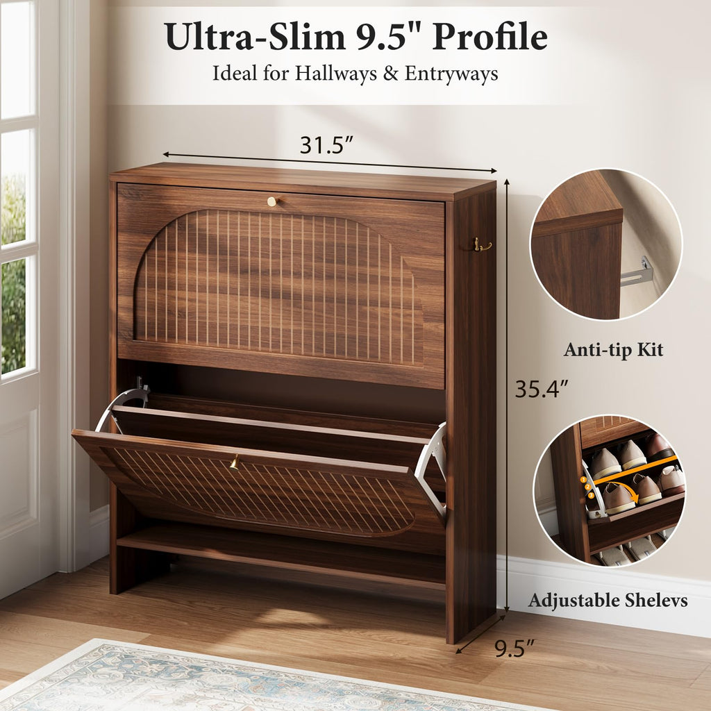Luminous Walnut Shoe Storage Cabinet with Adjustable Shelves U1477