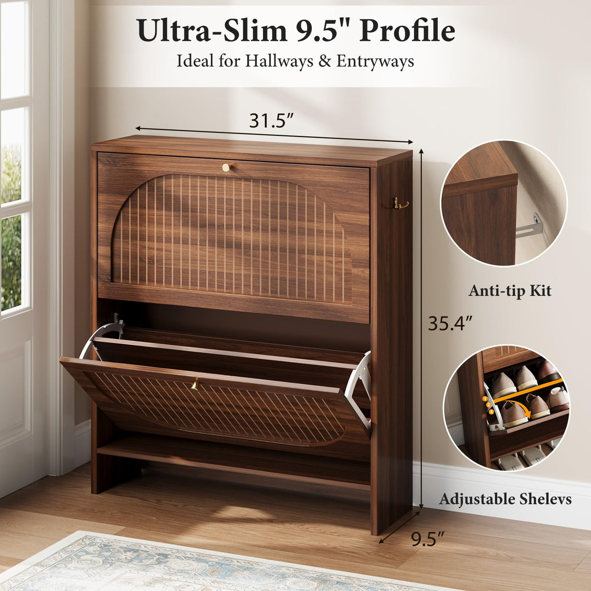 Luminous Walnut Shoe Storage Cabinet with Adjustable Shelves U1477