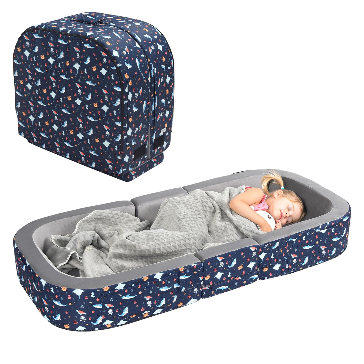 2-in-1 Foldable Toddler Travel Bed with Foam Safety Rails Z670590