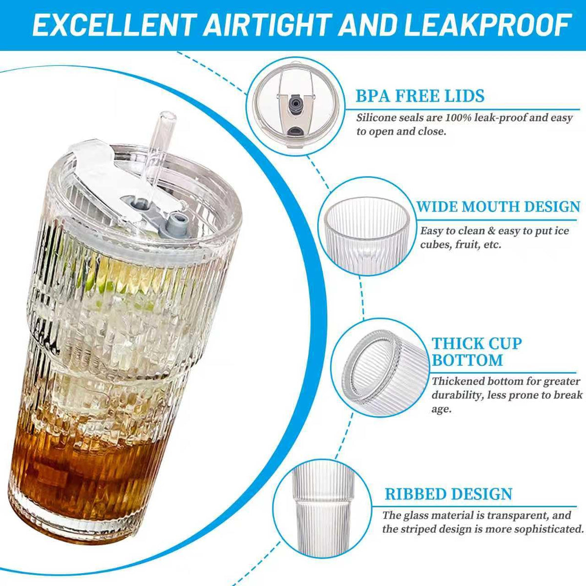 20 oz Clear Ribbed Glass Tumbler with Lid and Straw K2428