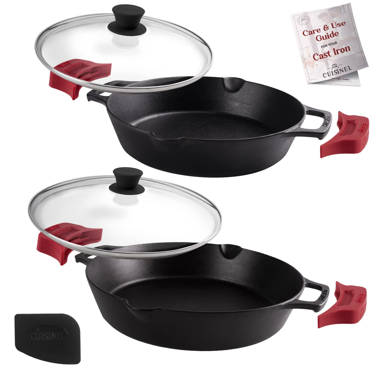 Cast Iron Skillet Set 10" + 12" Dual Handle Frying Pans with Glass Lids Pre-seasoned Oven Safe Cookware P995846