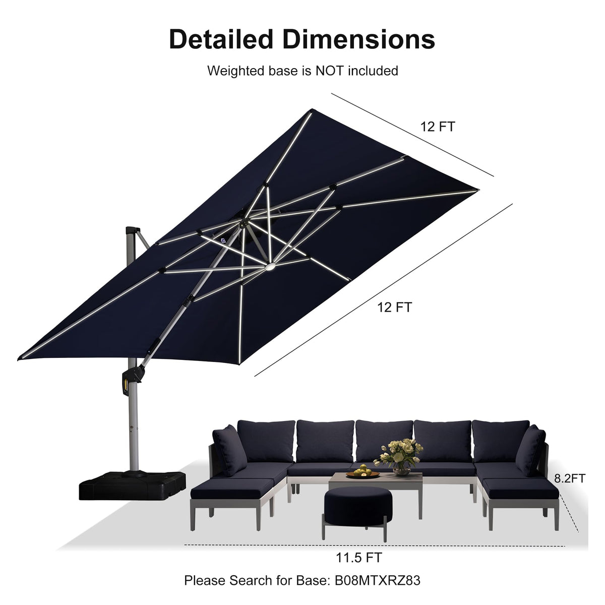 12'X12' Double Top Solar LED Light Patio Umbrella F31298