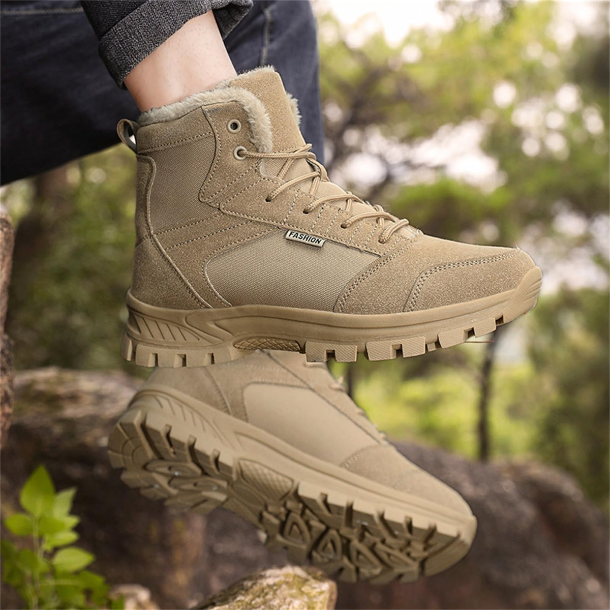 Mid Top Fur Lined Suede Leather Waterproof Military Tactical Boots K4638