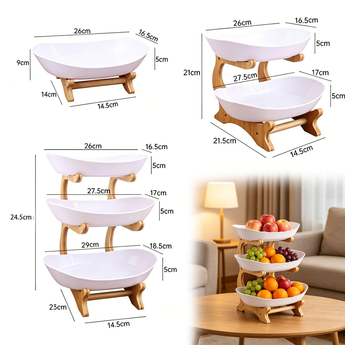 3 Tier Oval Fruit Basket with Bamboo Stand W120439