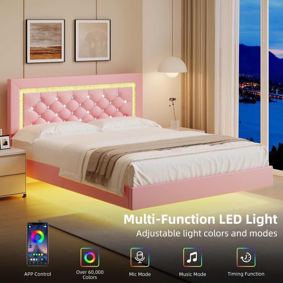Pink Full Floating Bed Frame with LED Lights and Diamond Headboard S3319