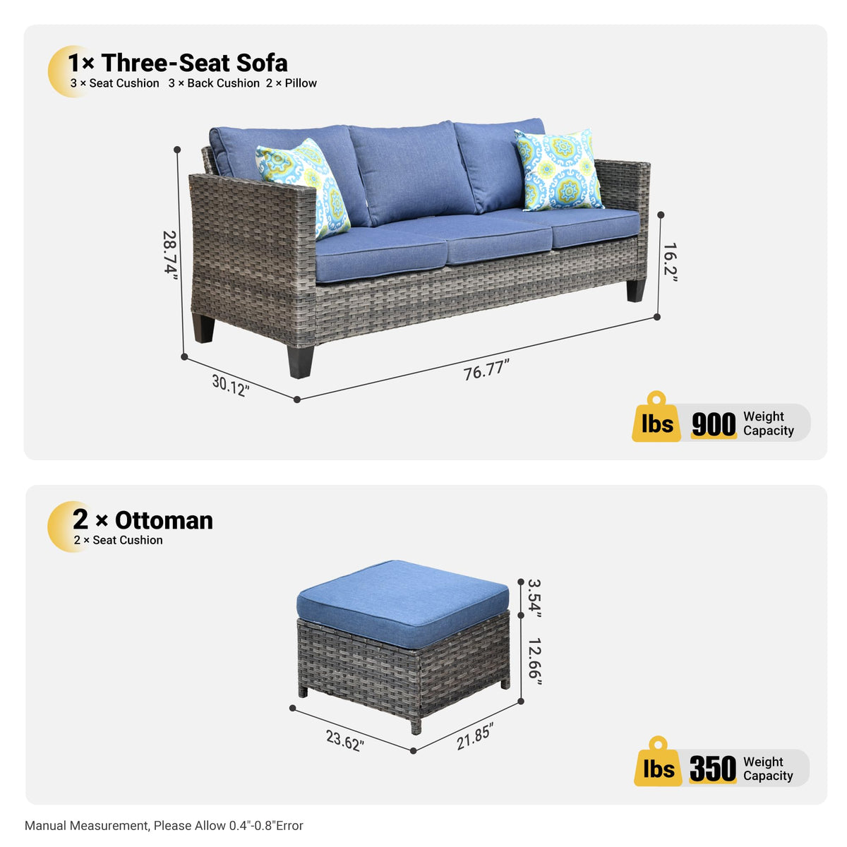 3 Pieces Wicker Rattan Patio Furniture Set with Ottomans Q8758