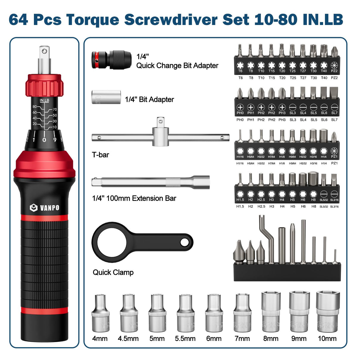 Torque Screwdriver, 10–80 in-lb, 64 Pieces C9051