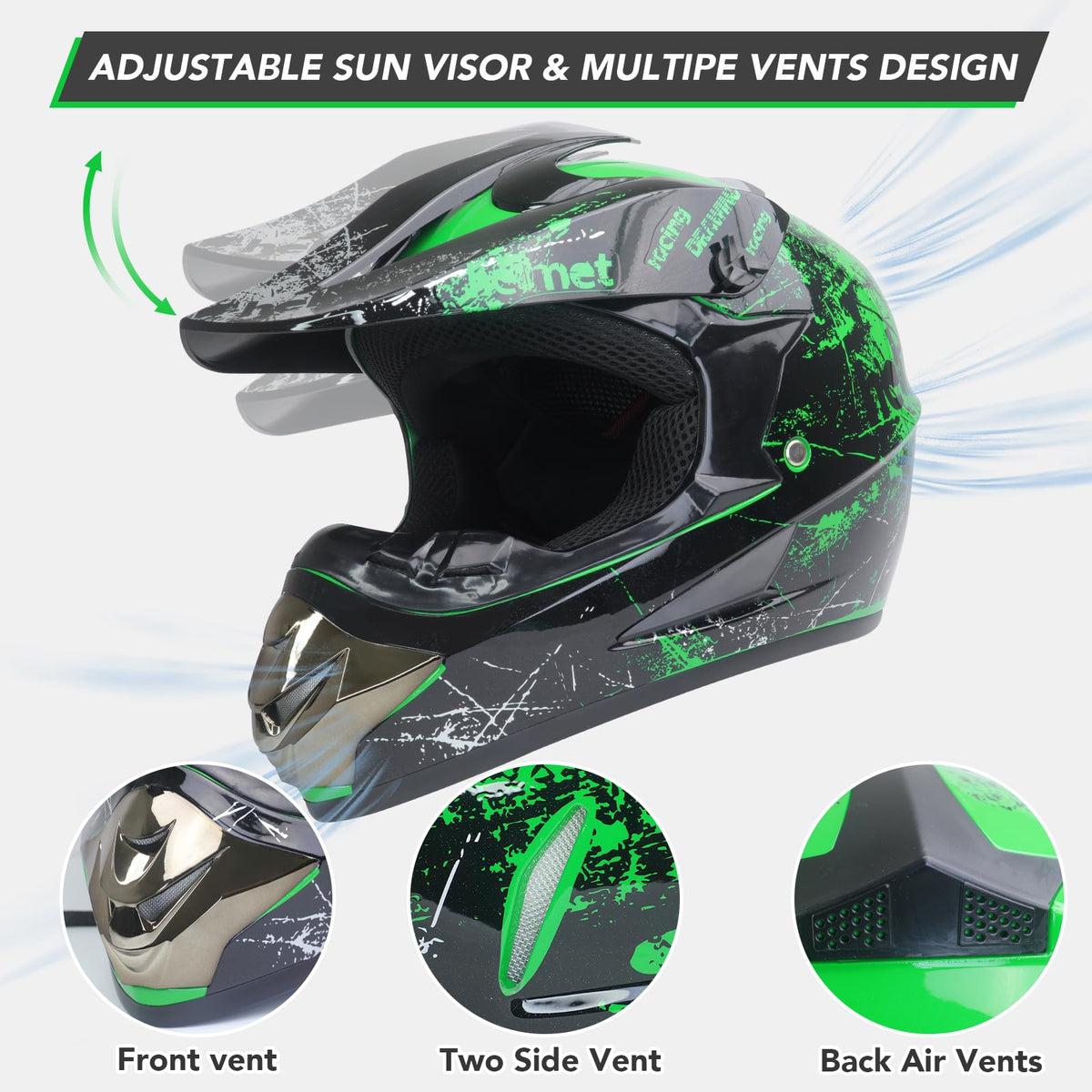 Youth Kids Full Face Dirt Bike Helmet 4Pcs Set DOT Approved Green XL W759
