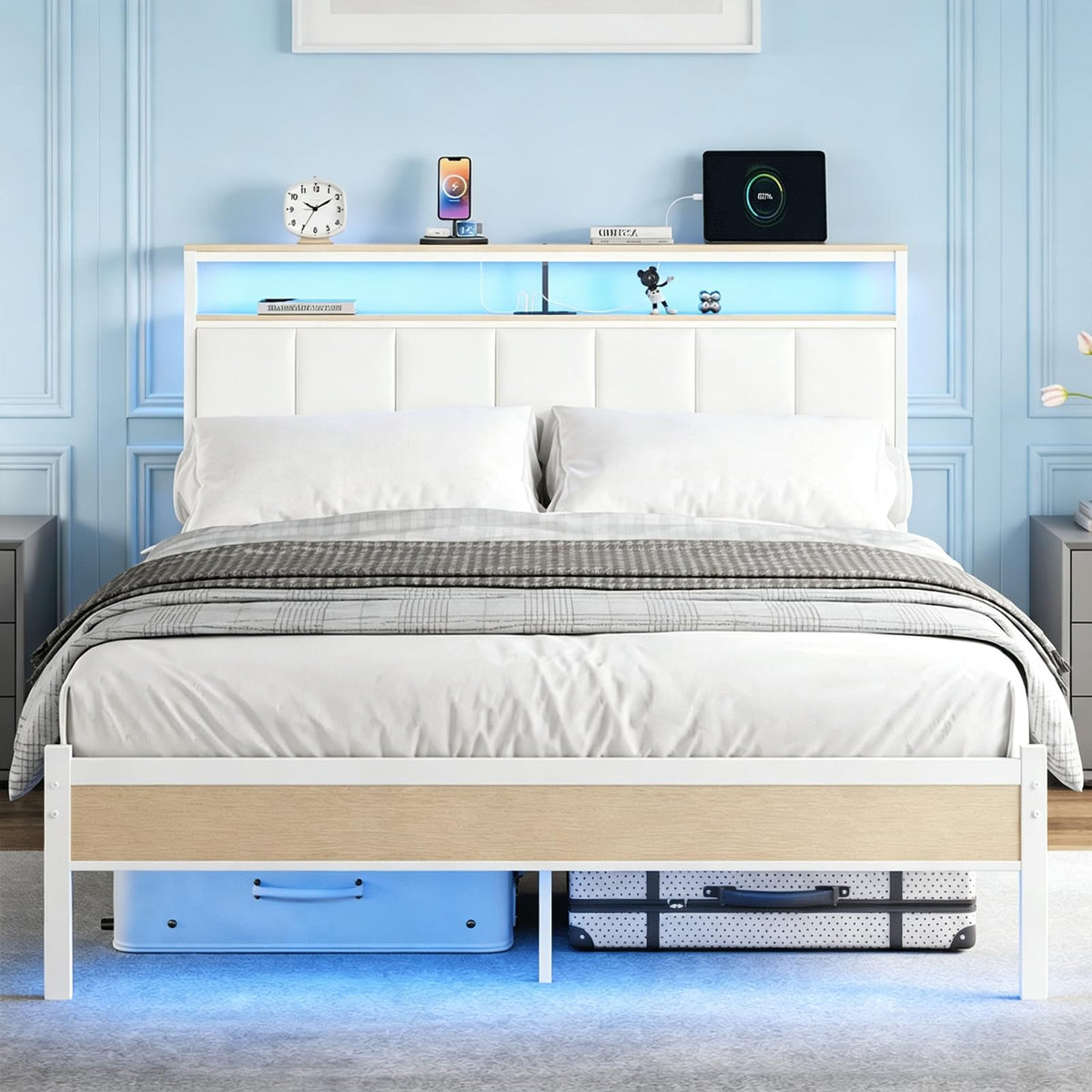 White Full Size Upholstered Platform Bed Frame with LED Lights and Storage Shelf C65470