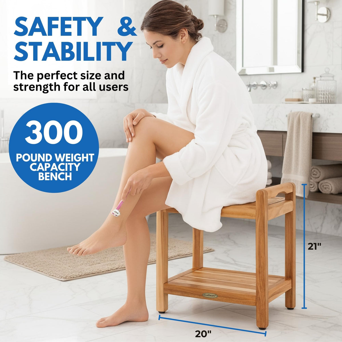20" Teak Shower Bench with Arms & Storage Shelf C9954